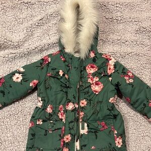Beautiful coat hunter green floral print and faux fur hood basically brand new
